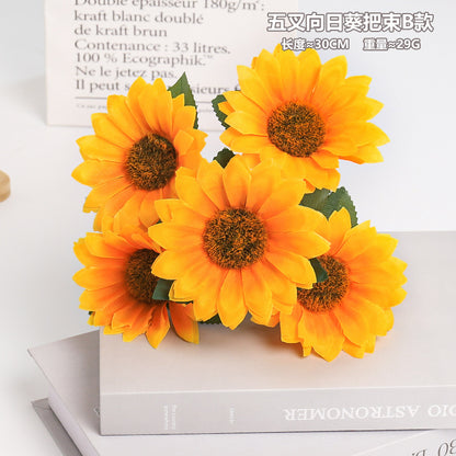 Realistic 5-Branch Sunflower Bouquet - Elegant Latin Daisy Silk Flowers for Stylish European Home Décor - Perfect for Rustic and Country Settings