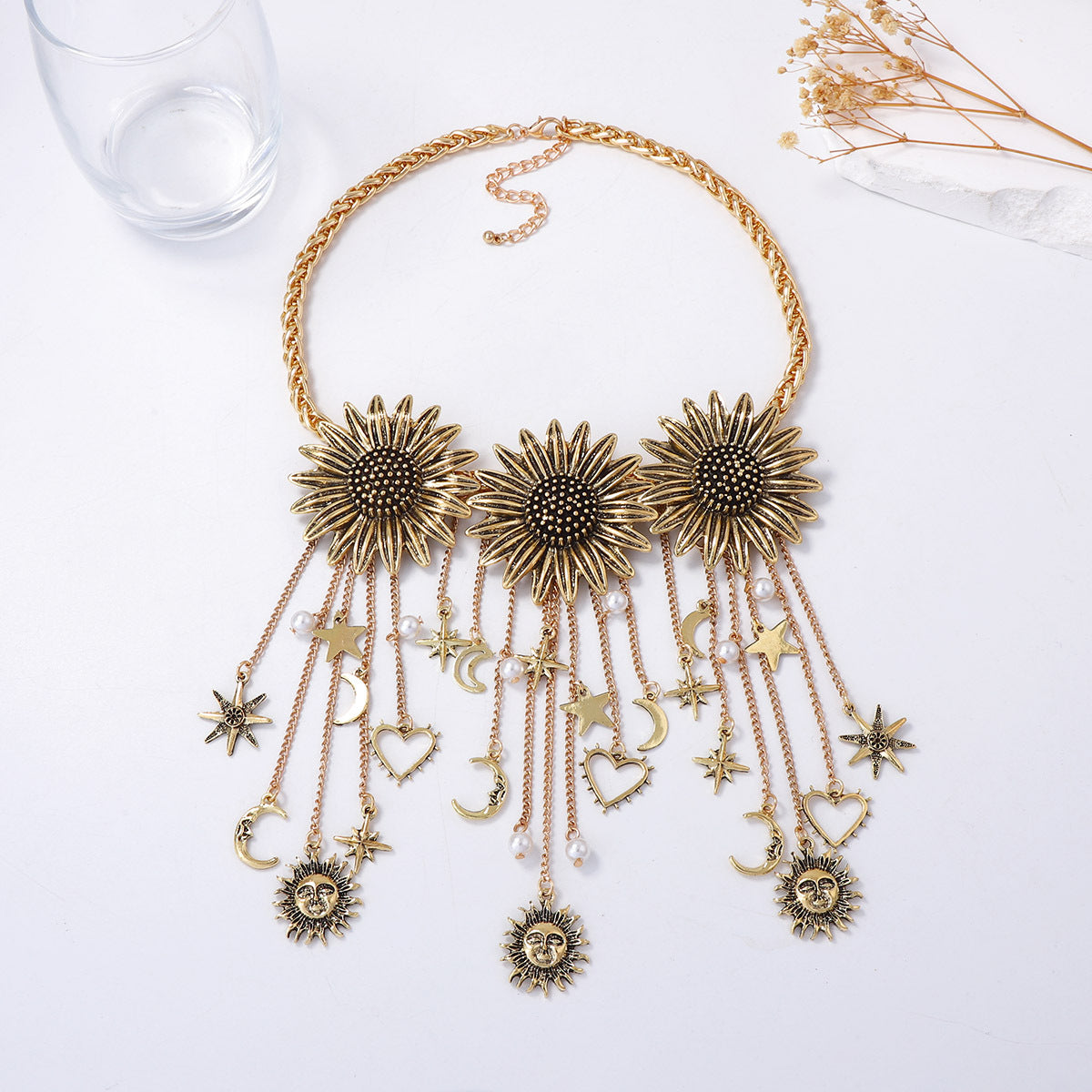 Bohemian-Inspired Vintage Necklace with Unique Flower and Tassel Design, Star and Moon Pendant Chain for a Chic Look
