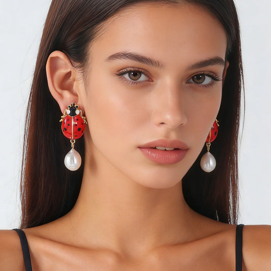 Creative Alloy Design Adjustable Dripping Oil Insect Ladybug Pendant Earrings with Faux Pearl Accents for Women - Unique Fashion Accessories