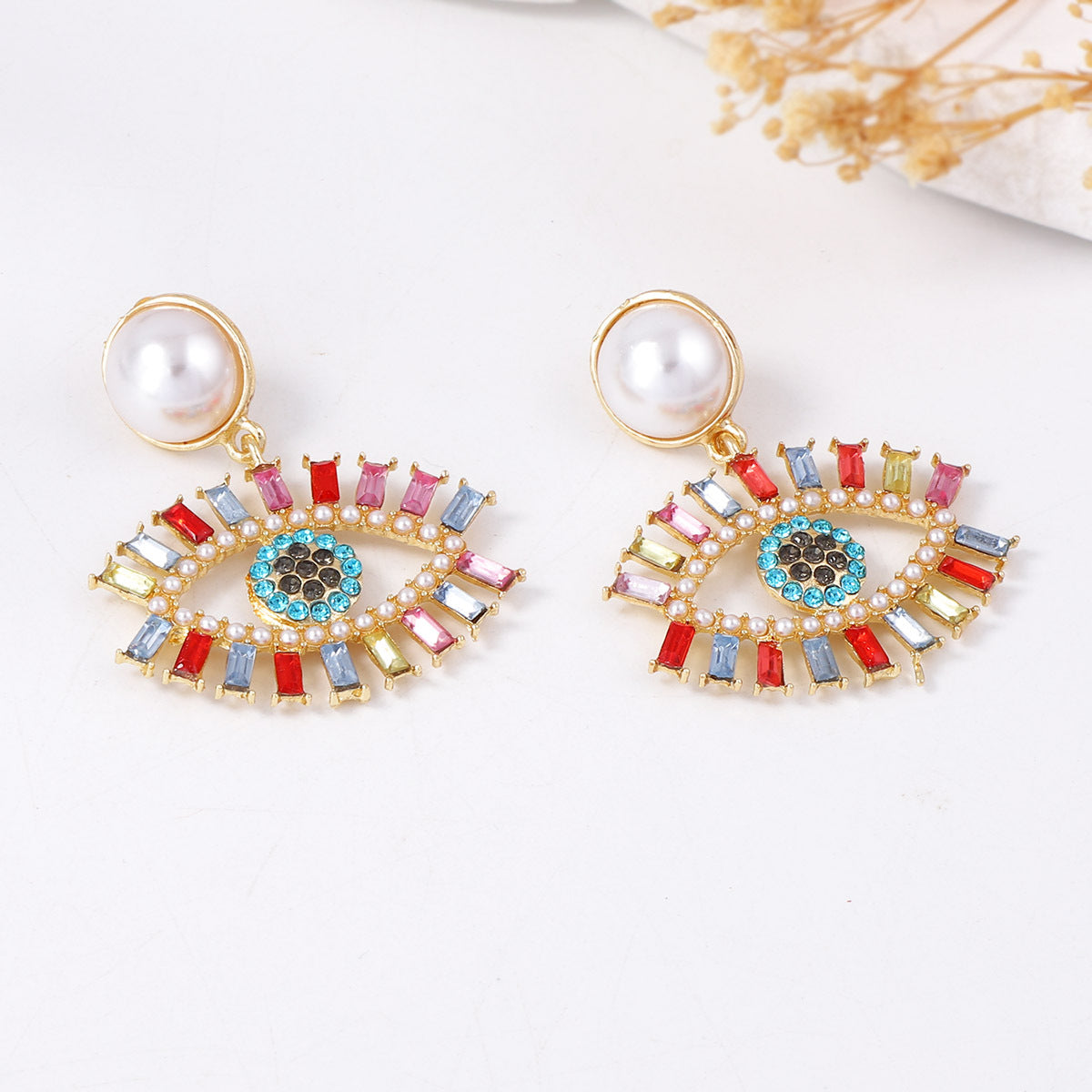 Chic Vintage-Inspired High-End Creative Design Alloy Full Rhinestone Evil Eye Faux Pearl Drop Earrings - Perfect for Every Occasion