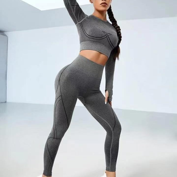 Seamless Autumn Winter Knit Yoga Outfit Long Sleeve Top Pants Set for Women for Fitness Gym Yoga Classes