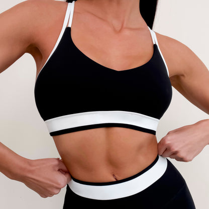 Color Block Cross Back Sports Bra and High Waisted Leggings Set Sleeveless Fleece Gym Outfit for Running and Yoga