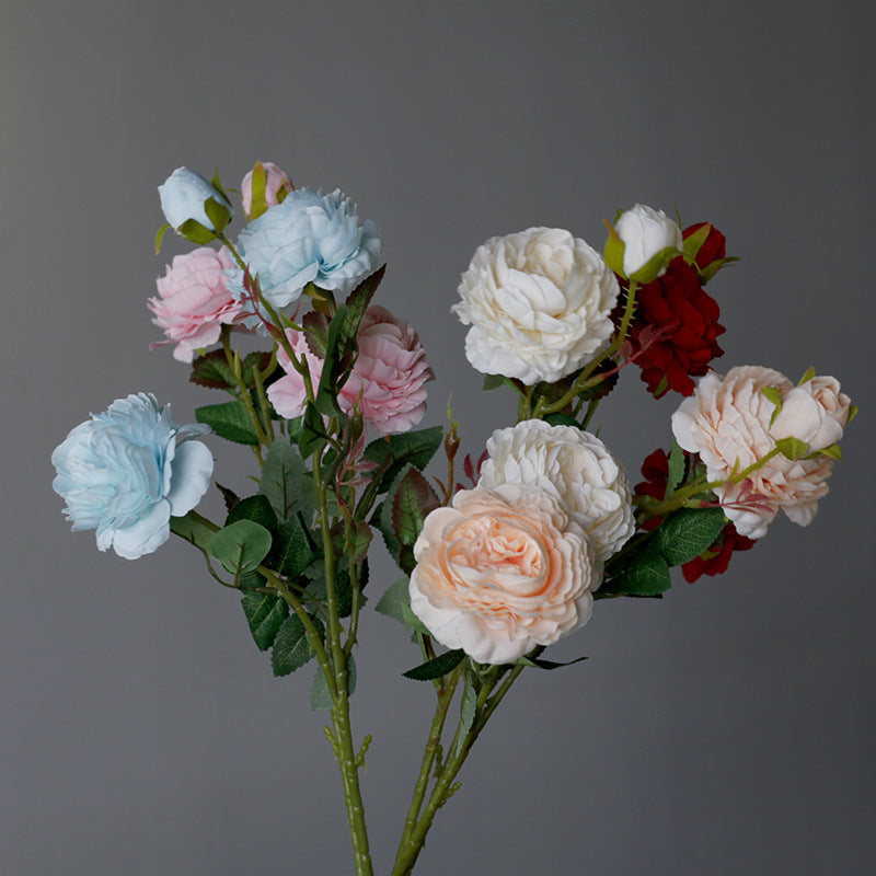 Nordic Minimalist Artificial Flower Arrangement with Multi-Layered 3-Head Small Roses and Peonies for Weddings and Home Decor