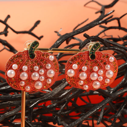 Creative Halloween Pumpkin Earrings with Faux Pearl and Zirconia Accent - Stylish and Versatile Alloy Design for Effortless Fashion