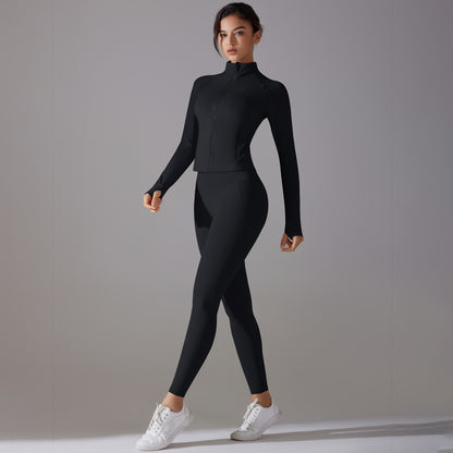 Women's Antimicrobial Long Sleeve Yoga Set with Stand Up Collar and Zipper Full Length Sports Suit for Comfort and Support No Underwear Required