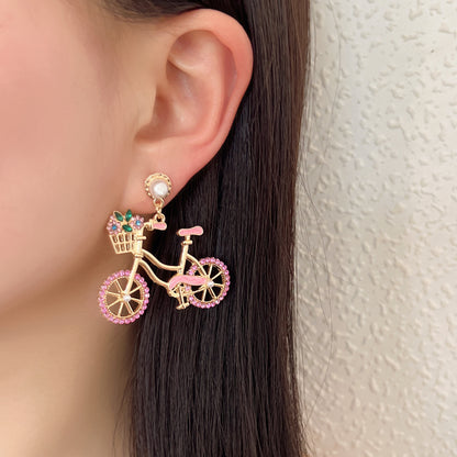 Charming Pearl and Rhinestone Bicycle-Inspired Zinc Alloy Cutout Earrings – Stylish, Lightweight, and Perfect for Everyday Wear