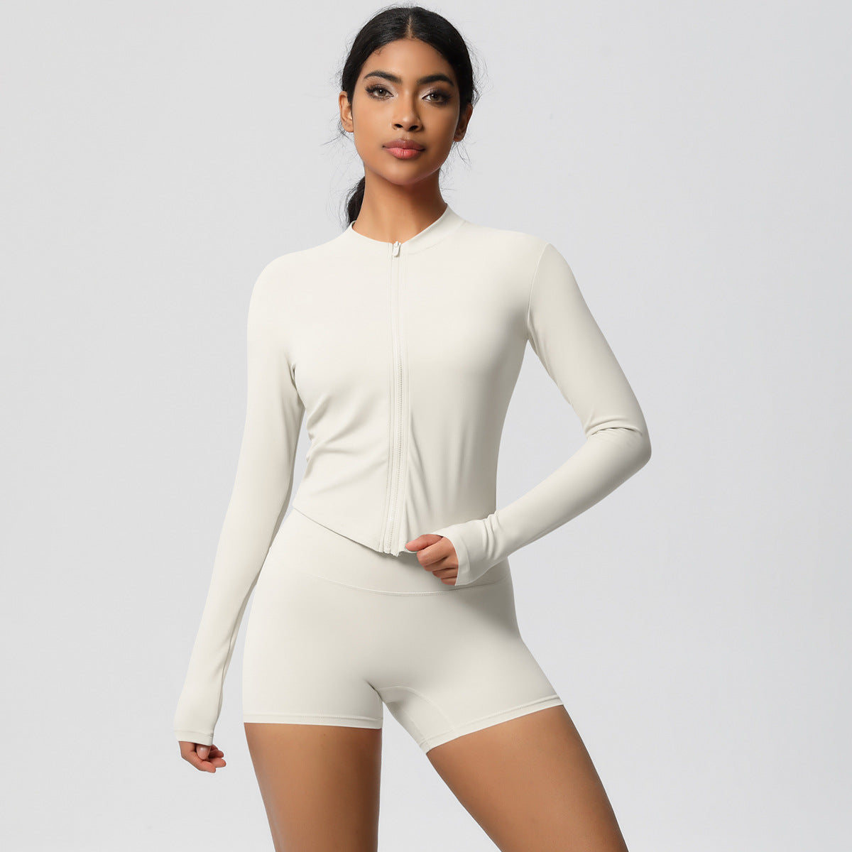 Soft Brushed Zip Up Jacket and High Waisted Short Yoga Set for Outdoor Sports and Fitness Training