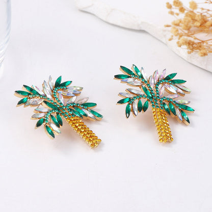 Chic Minimalist Alloy Crystal-Studded Statement Coconut Tree Earrings for Women – Perfect for Vacation and Casual Outfits
