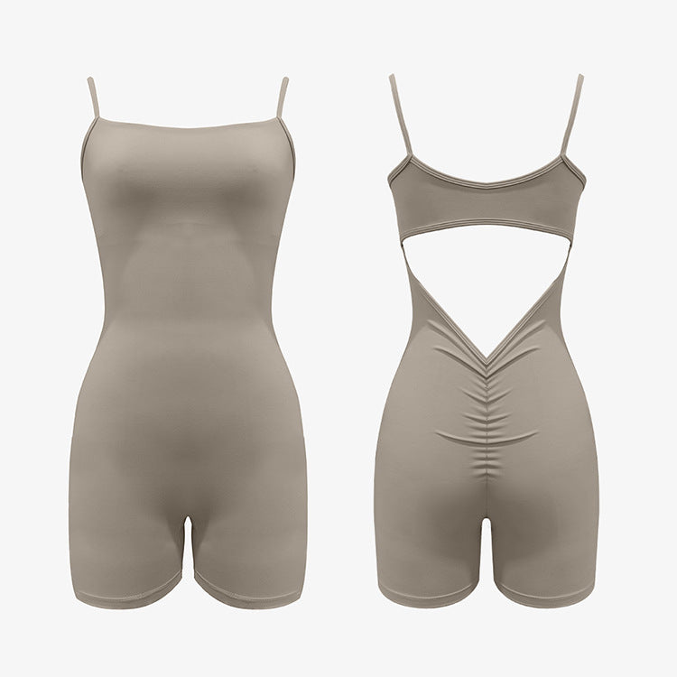 Chic Autumn Winter Bodysuit Adjustable Spaghetti Strap Romper with Back Cut Out V Cut Waist and Ruching for Yoga and Casual Wear