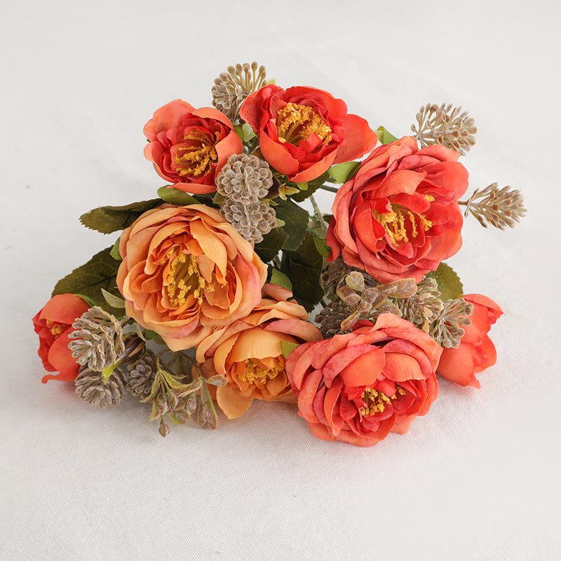 Elegant European-Inspired Faux Rose Bouquet with 7 Head Snowflake Peonies - Perfect for Living Room and Coffee Table Décor