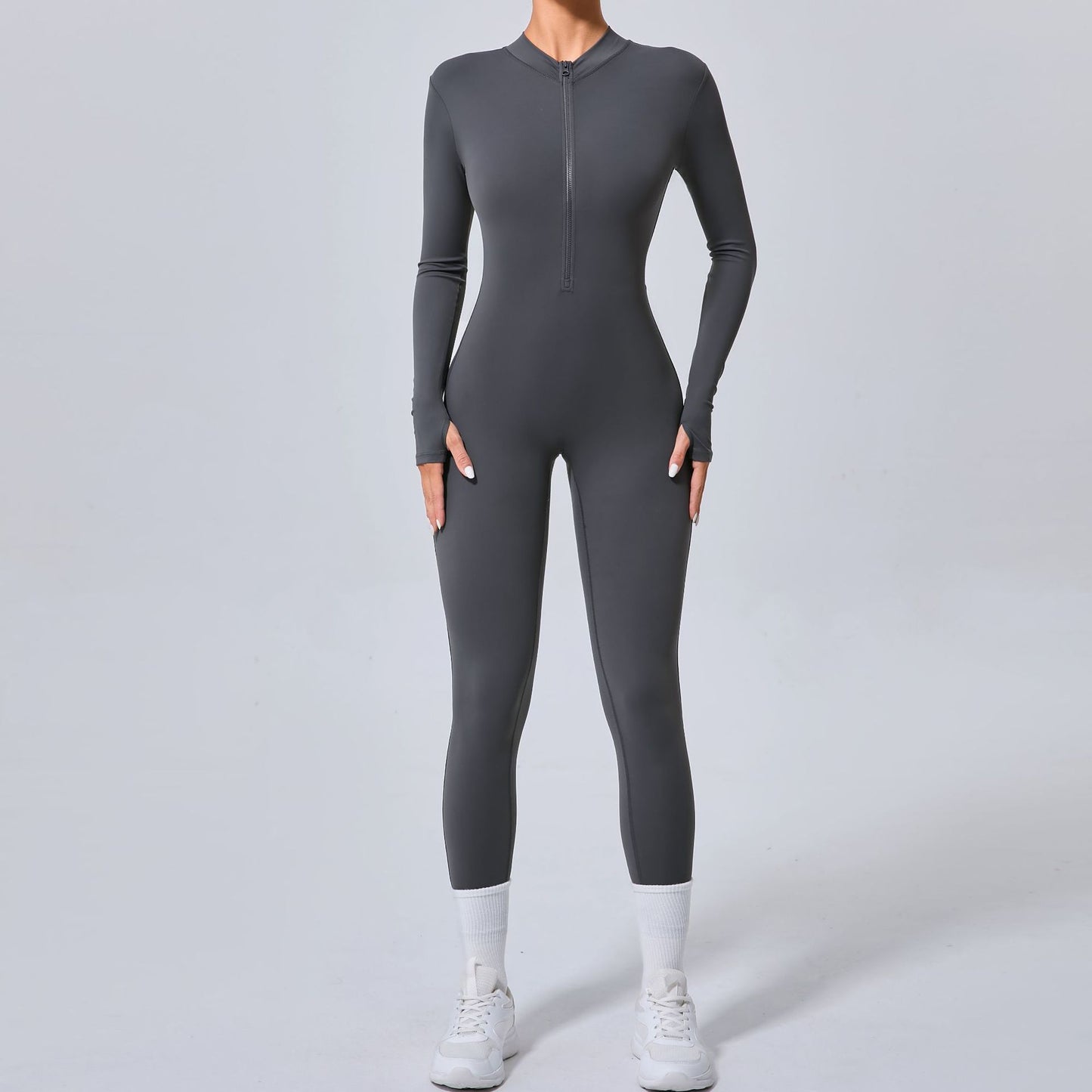 Sleek Half Zip Yoga Bodysuit with Finger Holes Slim Fit No Padding Sportswear for Enhanced Comfort and Flexibility Model 5025