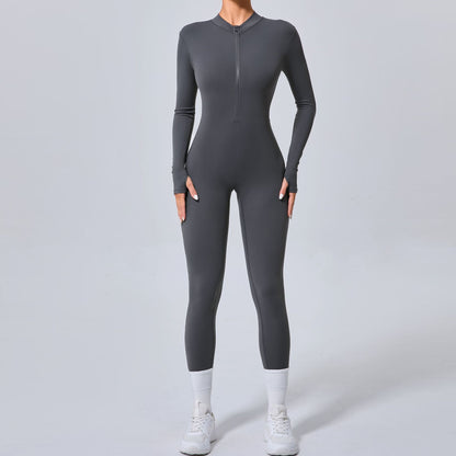 High Performance Yoga Jumpsuit with Finger Holes Half Zip Workout Bodysuit for Comfort and Style No Shelf Bra Model 5025