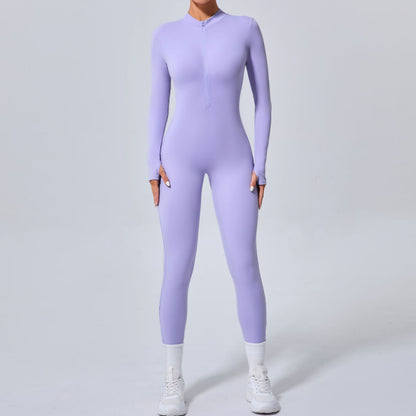 Sleek Half Zip Yoga Bodysuit with Finger Holes Slim Fit No Padding Sportswear for Enhanced Comfort and Flexibility Model 5025