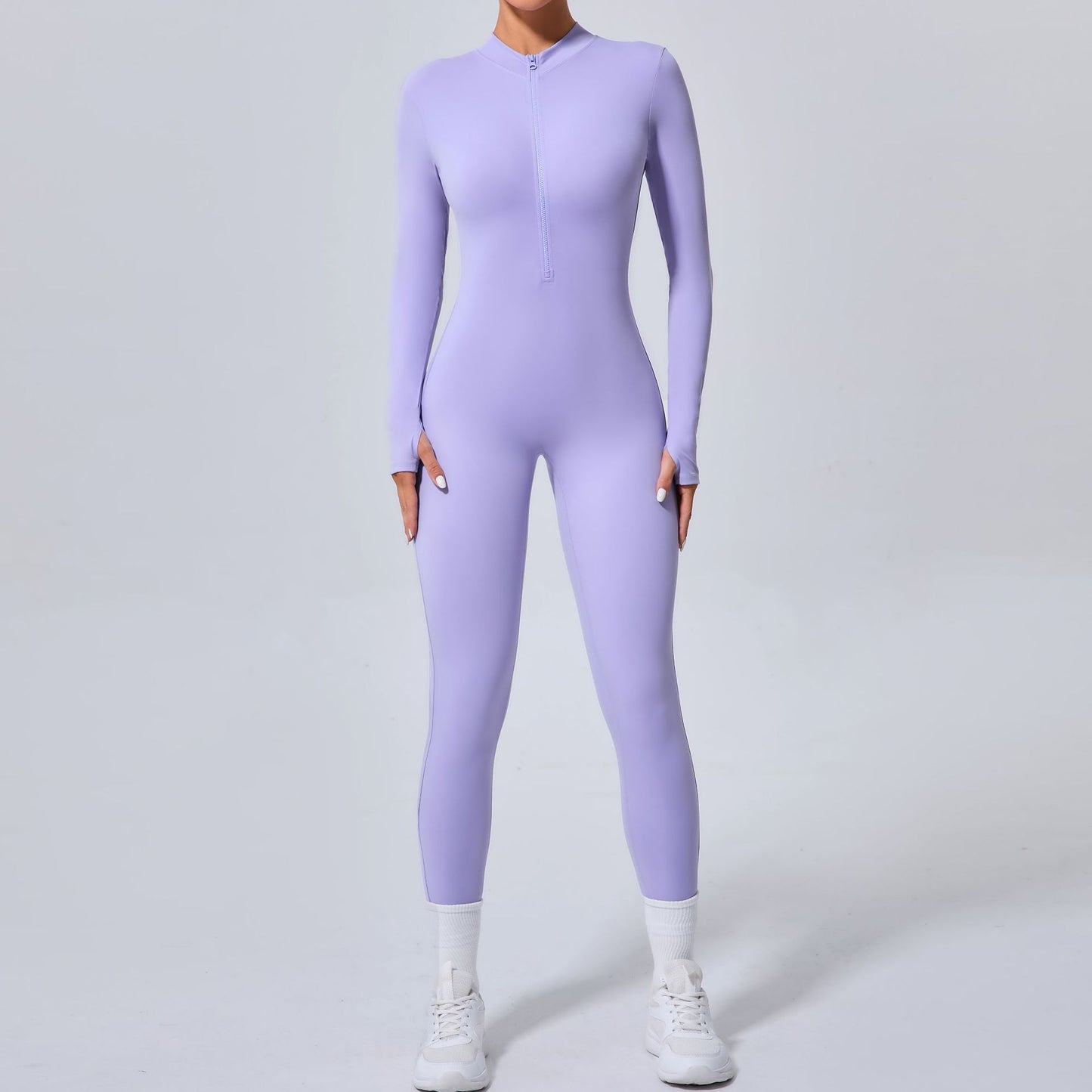 High Performance Yoga Jumpsuit with Finger Holes Half Zip Workout Bodysuit for Comfort and Style No Shelf Bra Model 5025