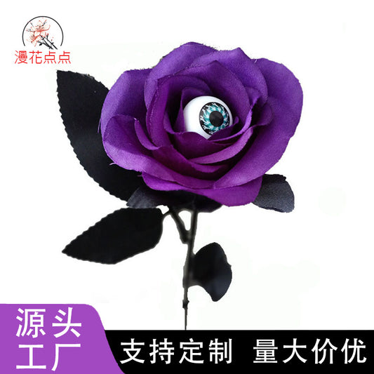 Realistic Black Artificial Rose with Creepy Eyeball Decoration - Perfect for Halloween Parties and Events