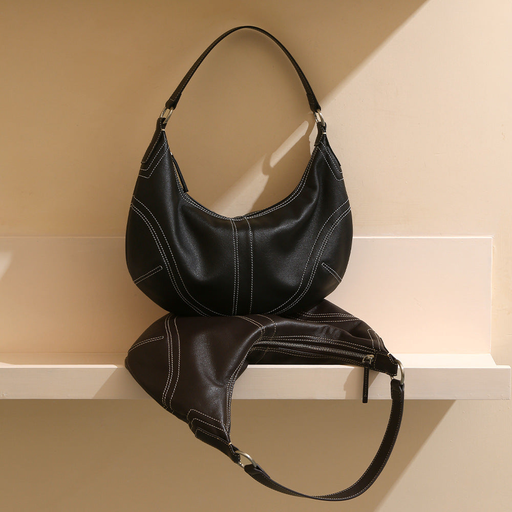 Women's Crystal Grain Layer Leather Dumpling Bag Luxury Feel Crossbody and Handbag for Elevated Style