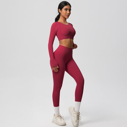 Soft Brushed Compression Workout Set Long Sleeve Top Full Length Leggings for Running Training and Yoga