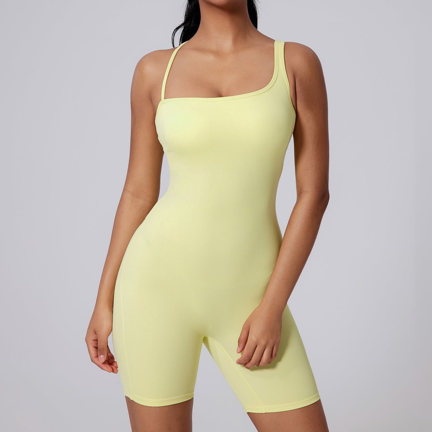 Asymmetric Back Yoga Bodysuit with Butt Lifting Features Hollow Out Dance and Workout One Piece Shorts