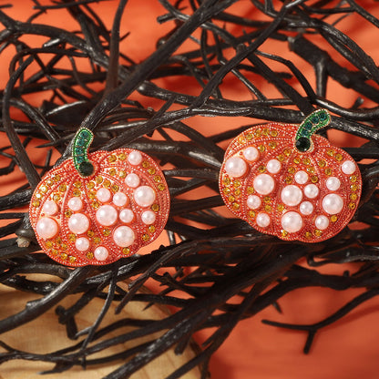 Creative Halloween Pumpkin Earrings with Faux Pearl and Zirconia Accent - Stylish and Versatile Alloy Design for Effortless Fashion