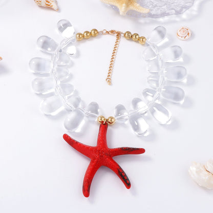 Vibrant Ocean-Inspired Holiday Necklace with Chunky Colorful Beads and Eye-Catching Starfish Pendant - Perfect for Women’s Summer Style