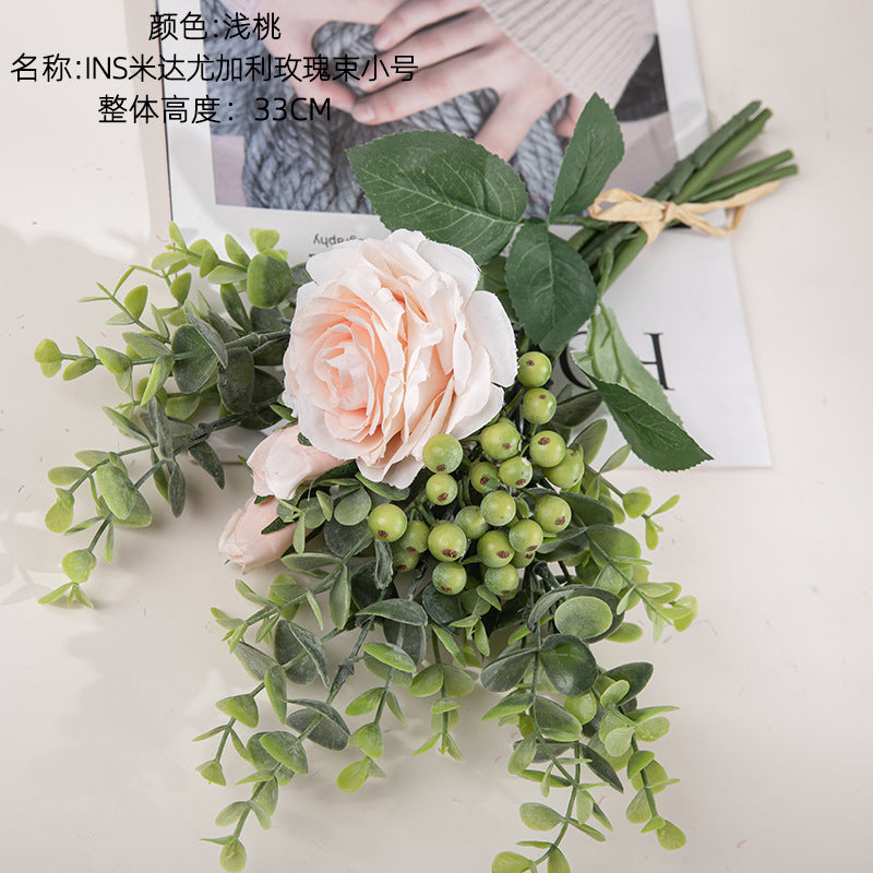 Stunning Eucalyptus Rose Bouquet - Realistic Artificial Flowers for Home Decor and Wedding Celebrations - Perfect for INS Aesthetic - Model DY1-2299