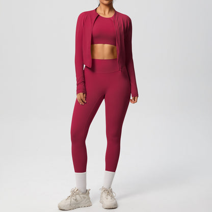 and Breathable Women's 3 Piece Workout Set Fleece Lined Tight Fitting Jacket Pants and Top for Running and Yoga