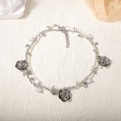 Chic Vintage-Inspired Layered Pearl Rose Flower Necklace - Elegant Multi-Layered Design for Effortless Style