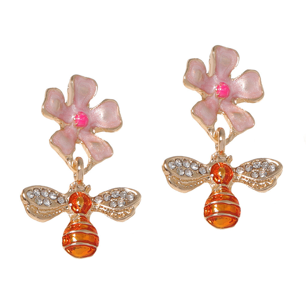 Chic Minimalist Bee and Flower Drop Earrings with Sparkling Rhinestones - Trendy and Unique Floral Jewelry for Women