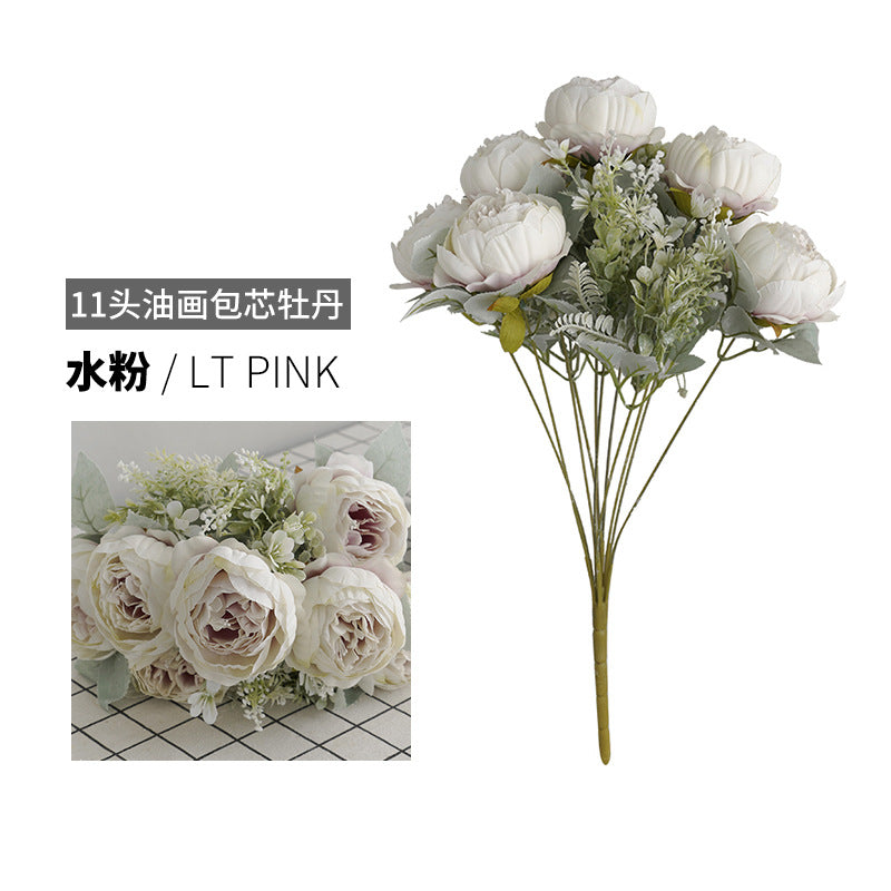 Lifelike 11-Head Oil Paint Effect Peony Bouquet - Elegant Vintage European-Style Faux Flower Arrangement for Wedding Entrance and Celebrations