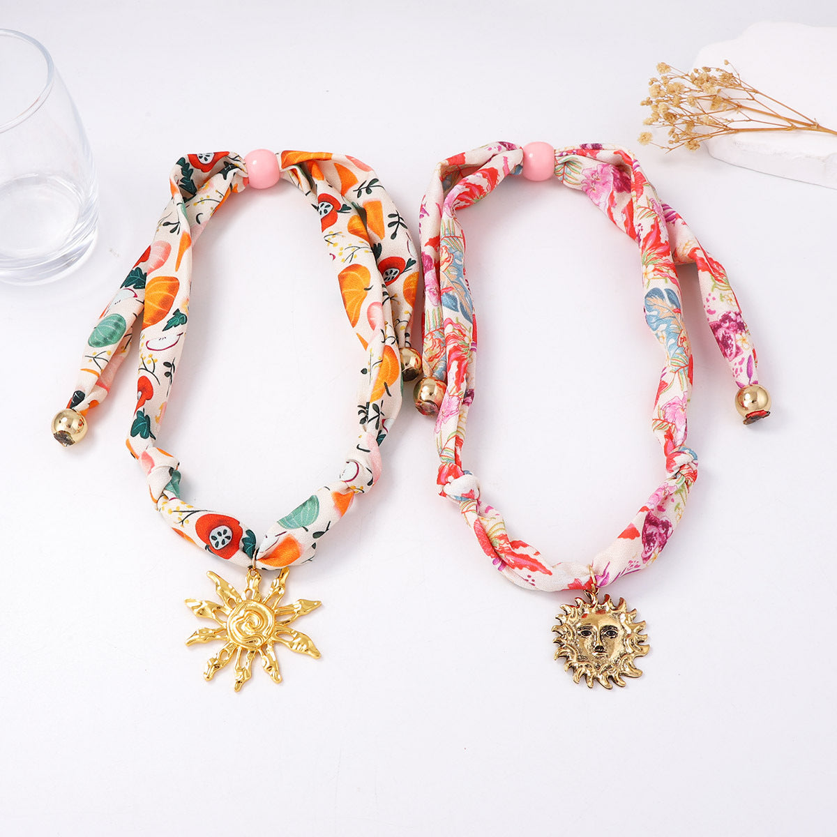 Stylish  Colorful Silk Scarf Necklace with Unique Alloy Sunflower Pendant and Adjustable Drawstring for Effortless Elegance