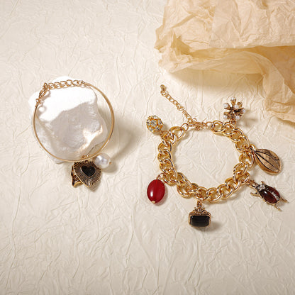 Unique Vintage-Inspired Double Layer Heart and Insect Pendant Chain Bracelet - Versatile Casual Accessory for Any Occasion