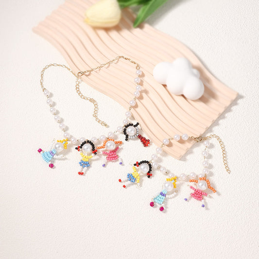 Stylish Summer Handmade Beaded Cartoon Character 3D Necklace and Bracelet Set - Unique, Fresh Design Inspired by Pearl Accents for Trendy Fashion Lovers
