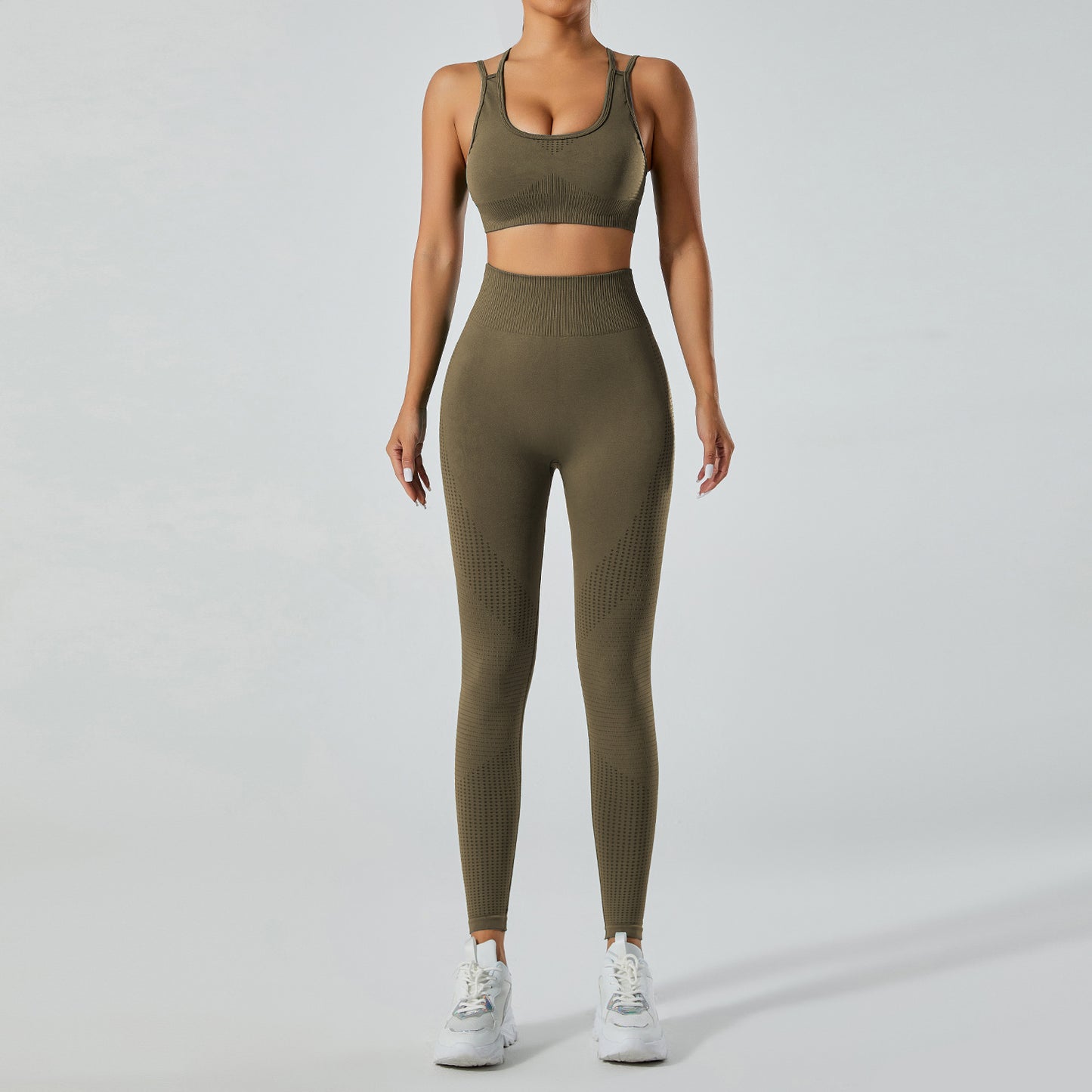 Seamless Jacquard Yoga Outfit for Women Butt Lifting High Waisted Fitness Leggings and Sports Bra Set for Running and Workouts