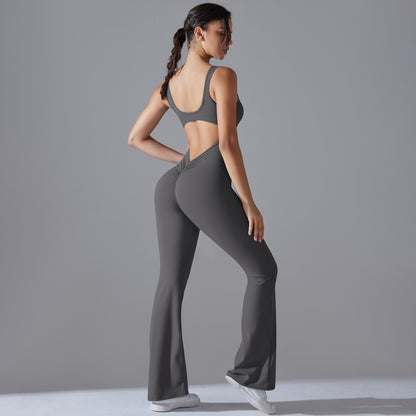 Beautiful Hollow Back Bodysuit for Women Peach Cutting High Waisted Sports Jumpsuit with Flared Pants and Butt Lifting Design for Yoga Gym and Activewear