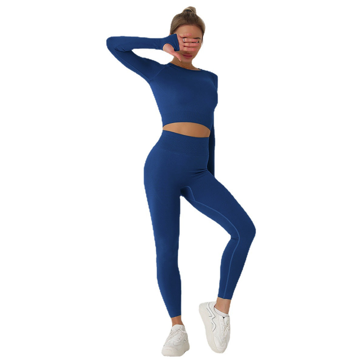 Seamless Solid Color Knit Long Sleeve Yoga Set with Full Length Pants Activewear for Fitness Gym and Outdoor Activities