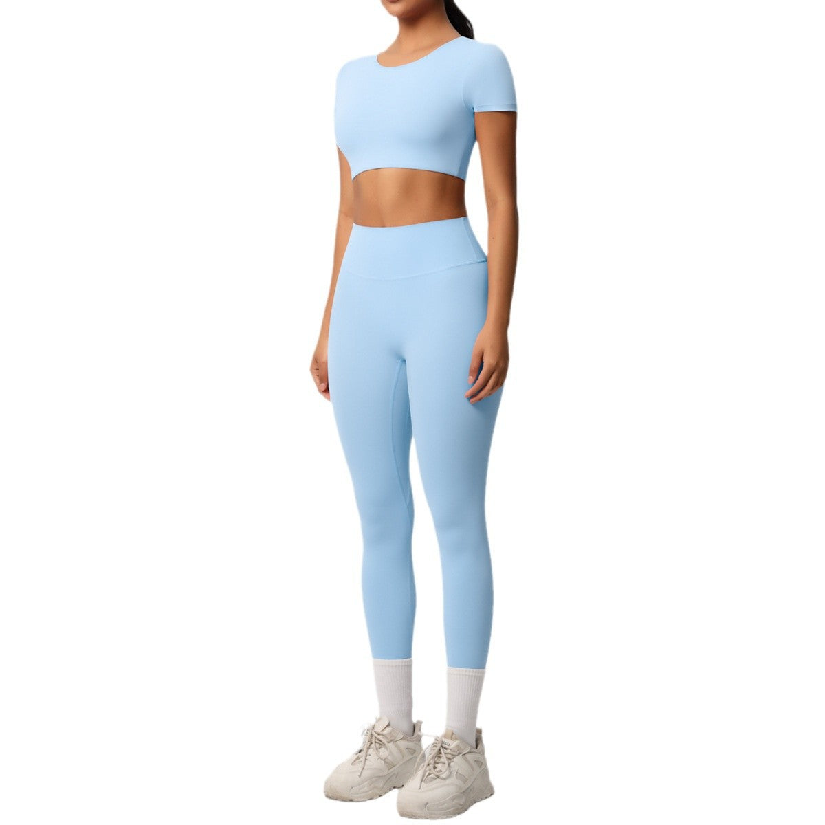 High Waisted Butt Lifting Fitness Leggings with Tummy Control Short Sleeve Sports Bra for Outdoor Running and Yoga Complete Activewear Set