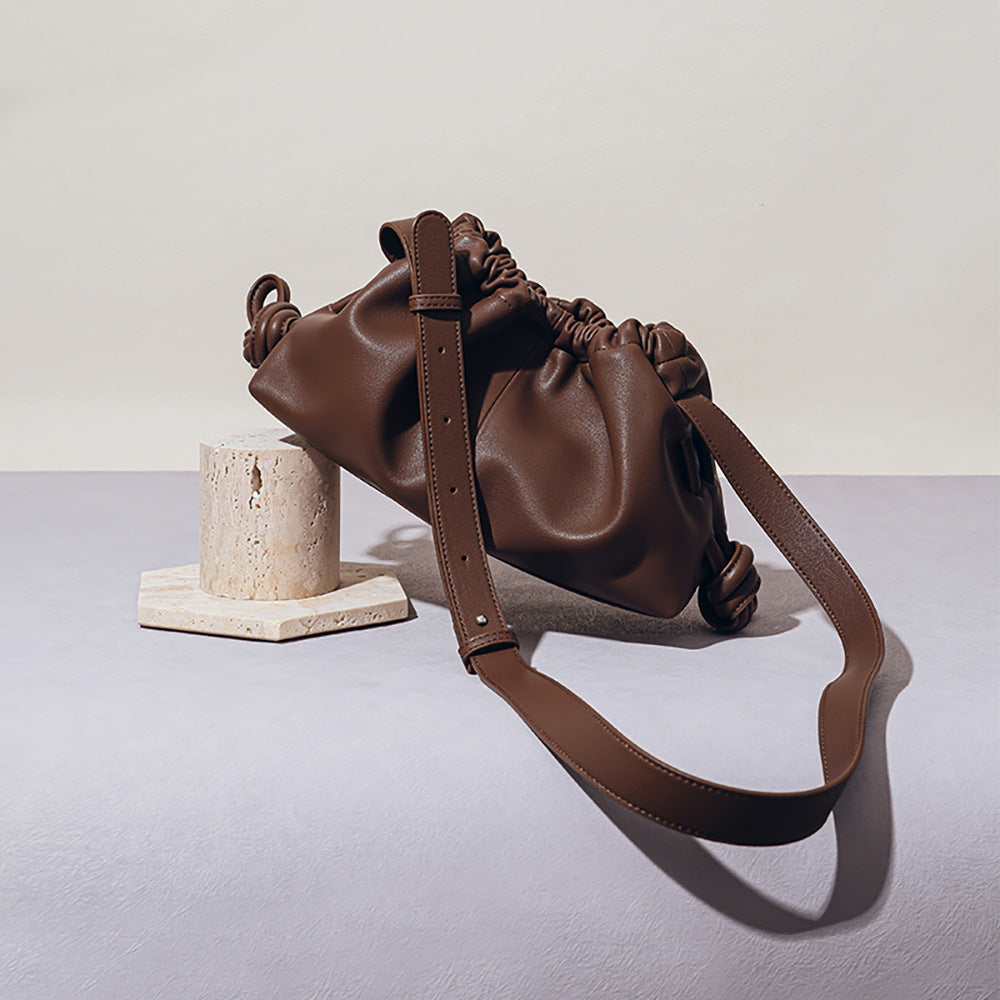 Genuine Leather Women's Wrinkled Cloud Bag Chic Korean Inspired Fashion for Casual Wear Shoulder and Crossbody Options