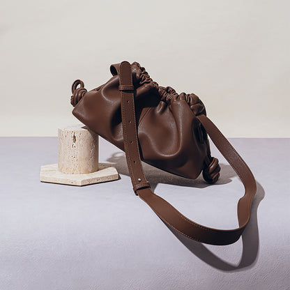 Genuine Leather Women's Wrinkled Cloud Bag Chic Korean Inspired Fashion for Casual Wear Shoulder and Crossbody Options