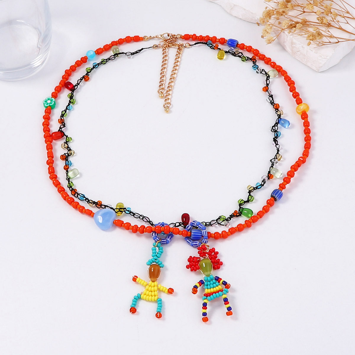 Charming Handcrafted Cartoon Beaded Doll Pendant Necklace – Cute Double-Layered Bracelet for Casual Women's Style