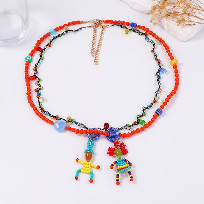 Charming Handcrafted Cartoon Beaded Doll Pendant Necklace – Cute Double-Layered Bracelet for Casual Women's Style