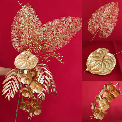 Stunning Gold Floral Arrangement with Ginkgo Leaves, Eucalyptus, and Red Berries - Perfect for New Year Celebrations and Elegant Wedding Decorations