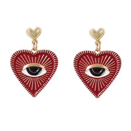 Exaggerated Alloy Dripping Oil Deep Red Heart Shaped Evil Eye Earrings for Women with Unique Textured Design – Perfect for Halloween and Beyond