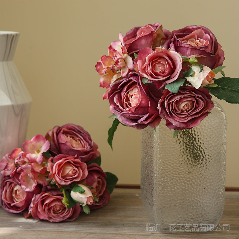 Stunning Artificial Silk Floral Arrangement: European-Style Fake Rose and Hydrangea Bouquet for Elegant Wedding Decor and Home Interiors - Perfect for Living Room Display