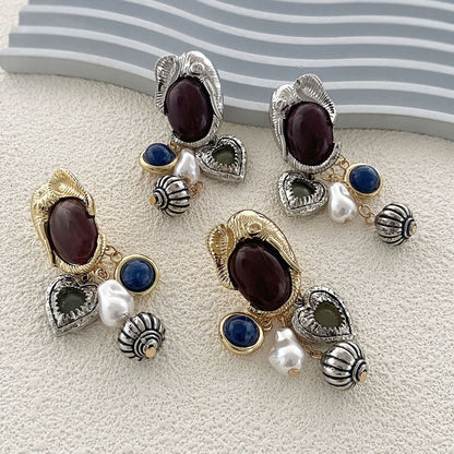 Stylish Vintage-Inspired High-End Animal Metal Pendant Earrings with Faux Pearl and Gemstone Accents – Unique and Versatile Statement Jewelry