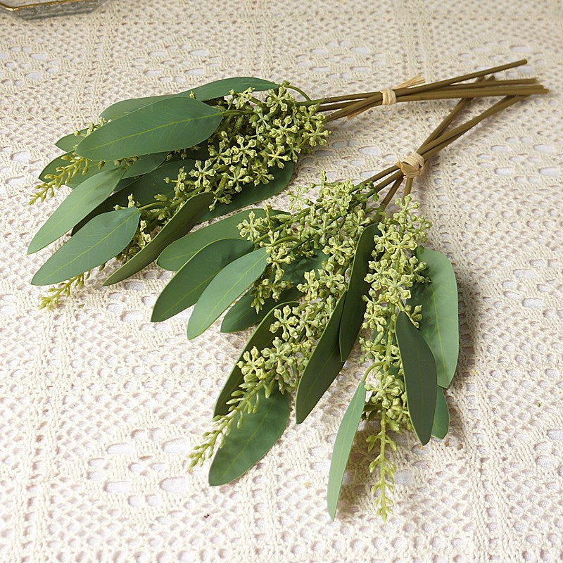 4-Piece Faux Eucalyptus Leaves Rice Grain Stems - Double-Layered, Realistic Decorative Flowers for Home, Weddings, and Photography Settings