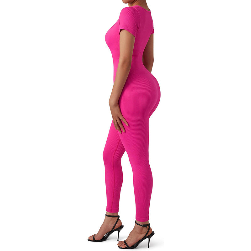 Seamless Ribbed Yoga Jumpsuit for Women Short Sleeve Bodysuit with Built in Chest Pads for Fall and Winter Fitness Comfortable and Activewear