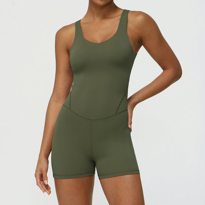 High Performance Wide Strap V Neck One Piece Jumpsuit for Yoga Waist Shaping Design Butt Lifting Fit and Built in Chest Padding