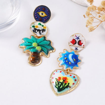 Artistic Vintage-Inspired Creative Alloy Printed Geometric Asymmetric Heart Floral Earrings - Unique Women's Jewelry for Every Occasion