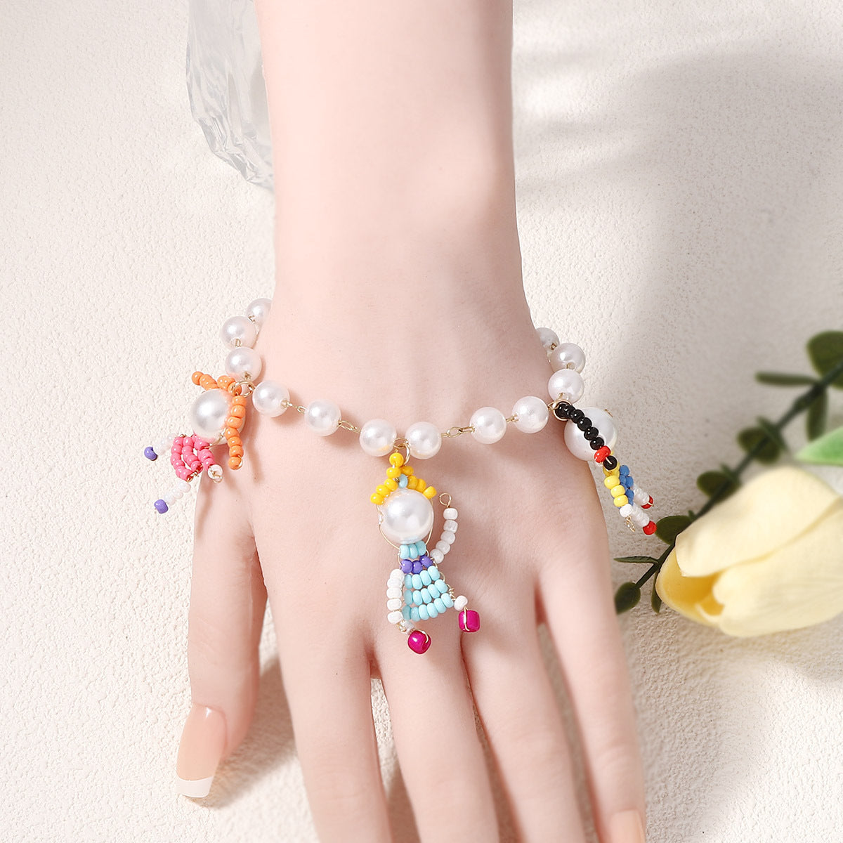 Stylish Summer Handmade Beaded Cartoon Character 3D Necklace and Bracelet Set - Unique, Fresh Design Inspired by Pearl Accents for Trendy Fashion Lovers