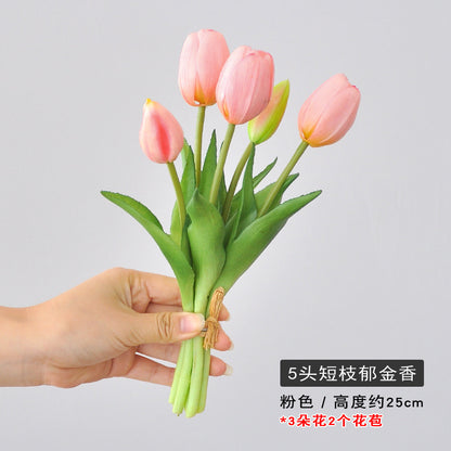 5-Head Short Stem Tulip Bouquet - Realistic Faux Flowers for Home Decor, Perfect Photo Props, and Soft Rubber Tulip Arrangement for Lasting Beauty